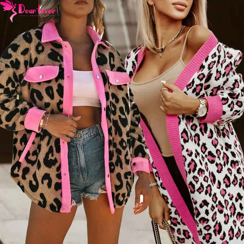 Dear-Lover OEM ODM Baru Musim Dingin Wanita Wanita Streetwear Neon Pink Kontras Dipangkas Leopard Lengan Panjang Jaket Mantel Shacket