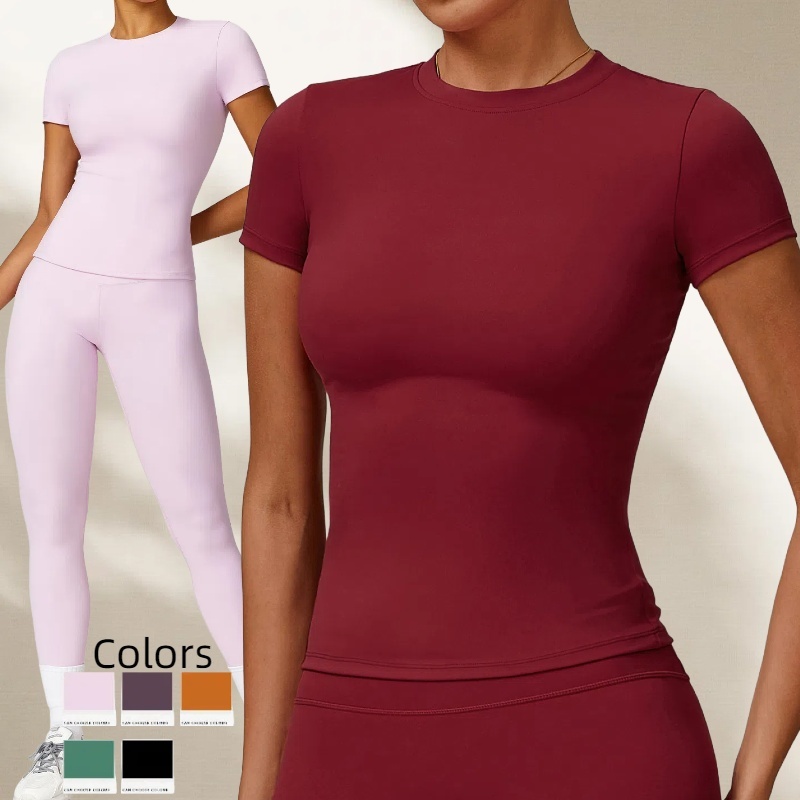Quick-Drying Short Sleeves T-Shirt for Women Round Neck Fitness Top Blouse for Outdoor Running Sports Breathable Yoga Shirts