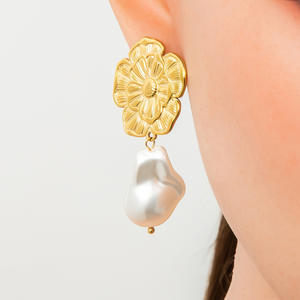 Pearl <b>Stud</b> Earrings 18K Gold Plated <b>Titanium</b> Steel Flower Heart Shape Everyday Wear Jewelry for Women - Product Image 3