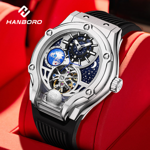 Đồng hồ nam HANBORO <span class=keywords><strong>2025</strong></span>, đồng hồ tự động cao cấp, cơ khí, chống nước, dạ quang, lộ máy, quả địa cầu xoay 24 giờ - Product Image 1