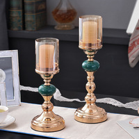 Support de bougie moderne en métal doré et vert, avec abat-jour en verre, pour centre de table de mariage, chandelier pour événements et banquets
