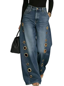 Women Mid Rise <b>Stretch</b> Wide Leg Jeans Hollow Side Metal <b>Ring</b> Design Washed Denim Floor Length Trousers - Product Image 6