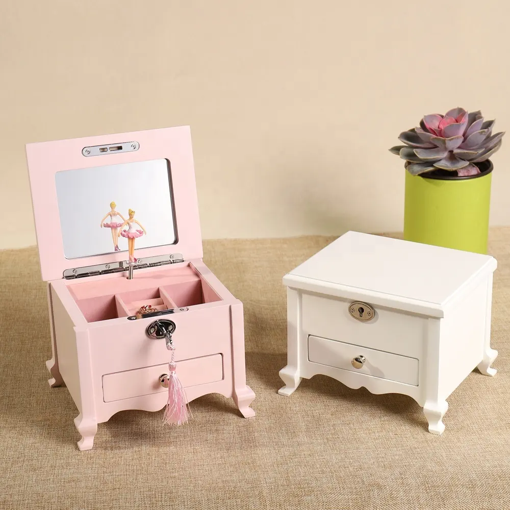 Suitable For Girls And Teenagers Wooden Storage With Lock And Mirror Gift Jewellery Organiser And Swan Lake Wind-up Music Box