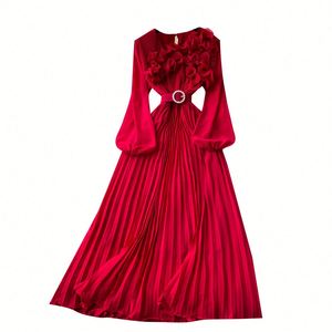 Vestido Midi Plisado Delgado de Verano 2025 para Mujer, Sostenible, Casual, Transpirable, Tejido, con Manga Linterna, Corte Imperio, Lavable y Antiestático - Product Image 5