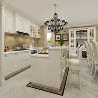Cuisine et salle à manger classiques en crème |   Meubles de cuisine à panneaux surélevés |   Plan de travail en quartz artificiel |   Charnière |   Vitrine en verre |   LED encastré |   Gratuit