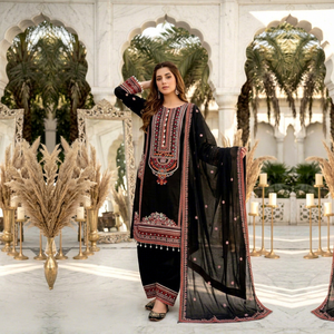Salwar Kameez Dupatta Negro Bordado, Traje Tradicional de Algodón para Mujer, Ropa de Boda, Largo hasta el Suelo, Corte Holgado, Sin Arrugas, Para Todas las Temporadas - Product Image 1