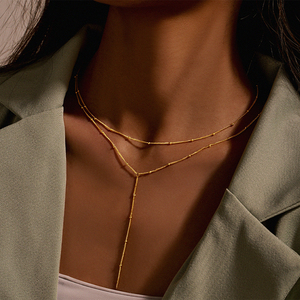 Collar Largo en Forma de Y con Cadena de Cuentas de Doble Capa, Clásico y Simple, Chapado en Oro de 18K y Plata de Ley 925 - Product Image 2