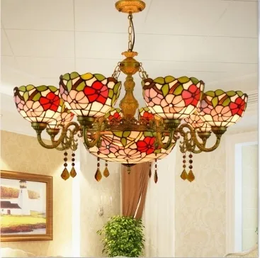 Europese Luxe Creatieve Klassieke Barokke Woonkamer Eetkamer Kristallen Kroonluchter Tiffany Retro Kleur Glazen Lampen
