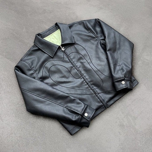 Chaqueta de cuero sintético personalizada para hombre, bordada, desgastada, con cremallera, estilo Y2K, cortavientos, hombros caídos, ropa de calle de invierno - Product Image 1