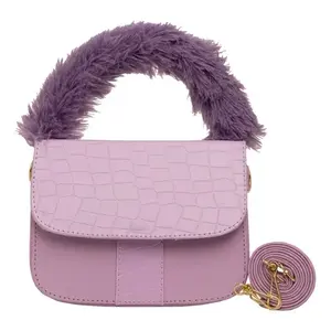 Sac bandoulière Fana Youth Lilac à motif crocodile avec garniture en fourrure et fermeture éclair 17x9 cm – Sac à main tendance pour femme - Product Image 3