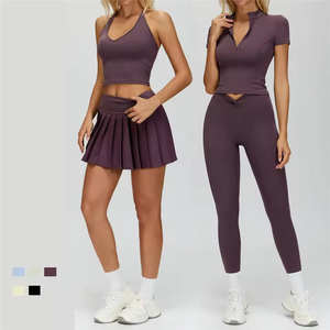 Vente en gros de 4 pièces de vêtements de sport pour femmes, tenues de fitness flexibles, jupes de pilates assorties, leggings, chemises à fermeture éclair, ensembles doux - Product Image 1