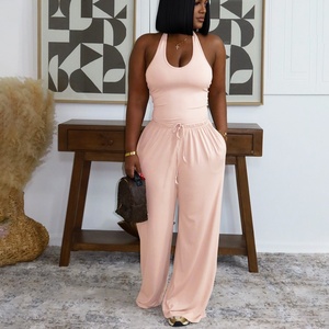 TW839 2026 Nuevo Conjunto de Dos Piezas de Verano para <span class=keywords><strong>Mujer</strong></span>, Top Halter Sexy y Pantalones Anchos de Cintura Alta con Bolsillos, Talla Grande 2XL - Product Image 3