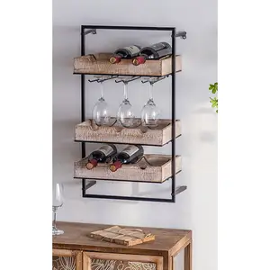 Hoge Kwaliteit Glazen Fles Houten Wandmontage Wijnrek Muur Planken Display Rode Wijn Plank Met 3 Lange Steel Glas houder