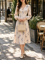 Nouvelle robe florale pour femmes, col en V, manches longues, taille haute, robe midi décontractée pour le printemps, à porter au quotidien