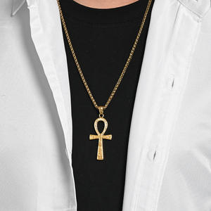 Ancient Egyptian Ankh <b>Cross</b> Necklace Gold Plated Zinc Alloy Pendant Unisex Gift Jewelry With Pave Setting - Product Image 3