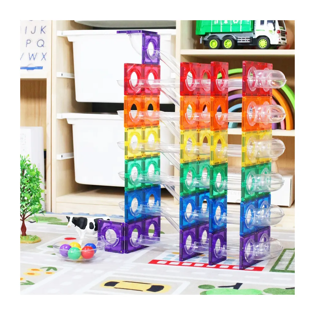 MNTL New Popular DIY 100pcs Marble Run Magnetic Tiles Kids Educational Magnetic Tile Race Track Toy