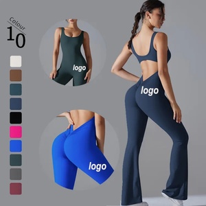 Combinaison de yoga et de gym sans manches à col en V pour femme, ensemble complet avec leggings évasés fendus, tenue de fitness pour femme, vente chaude - Product Image 1