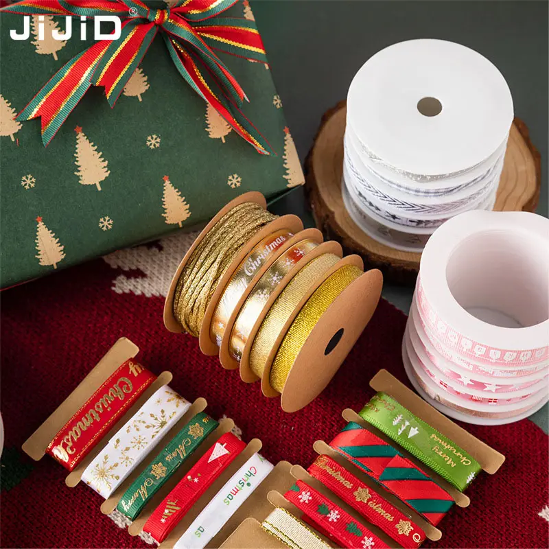 JiJiD Hot sale custom logo printed polyester christmas decorate grosgrain ribbon roll crafts gift package wrapping