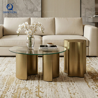 Mesa de Centro Redonda de Vidrio Templado con Base de Metal Dorado Ondulado, Diseño Italiano de Lujo, Venta Caliente 2026, Juego de Mesas Auxiliares de Forma Irregular