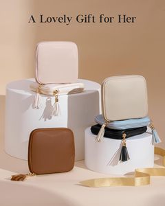 Beige PU Leather Jewelry Case Zipper Portable Storage Organizer Foldable Travel Necklace Ring Earring <b>Holder</b> - Product Image 6