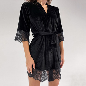 Encaje cosido cálido terciopelo <span class=keywords><strong>rosa</strong></span> negro Sexy manga corta Albornoz <span class=keywords><strong>pijama</strong></span> - Product Image 6