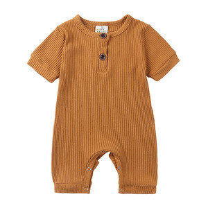 Romper bergaris bayi laki-laki, Jumpsuit dasar rajut leher kru kancing lengan pendek warna solid anak perempuan - Product Image 6