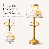 Lámpara de Mesa LED Recargable Inalámbrica con Decoración de Lazo y Pantalla Floral Dorada, para Iluminación Ambiental en Dormitorios y Salas de Estar, Venta al Por Mayor