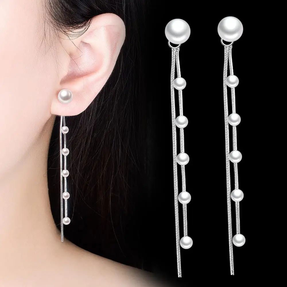Silver-plated hanging earrings with female style long pearl earrings with personality tassel and temperament ear chain