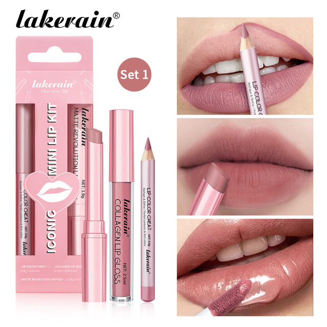 Lakerain 3Pcs Matte Lip Makeup Set Lip Liner Lipstick Lip Gloss Waterproof Non Stick Long Lasting Travel Mini Cosmetics