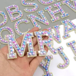 Blue Pink Gradient Pearl Beads Letter Patches Rhinestone Applique Iron On ABC Alphabet Patches For Clothing DIY Name