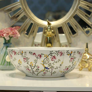 Chine Porcelaine Peint À La Main Art Lavabo Antique Salle De Bains Navire Évier Blanc Couleur Fleur Oiseau Motif Céramique Lavabo - Product Image 3