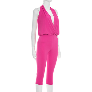 Viviblook D26JP257 Mono informal para mujer, mono sexy sin mangas con cuello en V y hombros descubiertos, mono de longitud media de color sólido - Product Image 4