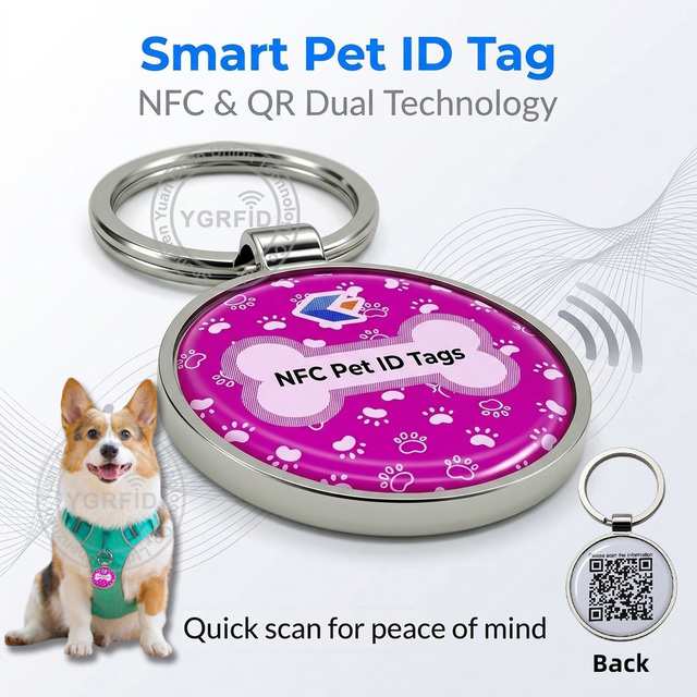 Programmable RFID Tags QR Code Round 13.56Mhz Pet Tracking NFC Dog Collar Epoxy /Metal RFID ID Tags Customizable Packaging
