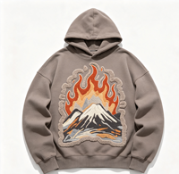 Veste streetwear personnalisée imprimée Kornit, écologique, respirante, 300g, effet délavé soleil, motif flamme montagne, délavée à l'acide, effet spray sale