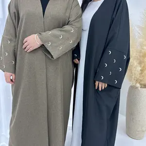 332 New front open Abaya Designs women Islamic Clothing Kimono Cardigan Muslim Moon Embroidery EID Linen Abaya
