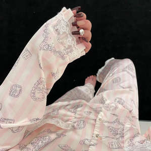Coquette <span class=keywords><strong>Hello</strong></span> <span class=keywords><strong>Kitty</strong></span> <span class=keywords><strong>Pijama</strong></span> Set Encaje Trim Anime Rayas Pijamas Lindo y Sexy Primavera/Otoño Loungewear 2 Pc Ropa de casa - Product Image 3