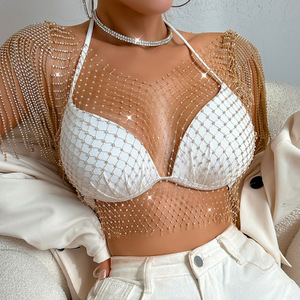 Factory Wholesale Women Fishnet Rhinestone Crop <strong>Top</strong> Sexy Mesh High Elastic Shirt <strong>Net</strong> See Through Rave <strong>Top</strong> - Product Image 1