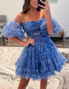 2025 Summer Custom Detachable Sleeves Off the Shoulder <strong>Blue</strong> Printed Women Ruffle Homecoming <strong>Dress</strong> - Product Image 1