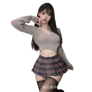 Sexy Lingerie <b>Set</b> for Women - Pure and Delicate Student Uniform, JK Plaid Mini Skirt, Low-Neck <b>Sweater</b> - Product Image 5