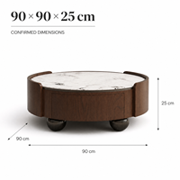 Table basse ronde moderne et éclatante avec surface veinée blanche et corps incurvé en bois foncé pour salon