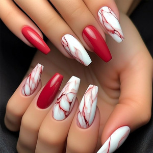 <span class=keywords><strong>Manicura</strong></span> <span class=keywords><strong>Francesa</strong></span> Elegante <span class=keywords><strong>y</strong></span> Lujosa con Bloques de Color Rojo <span class=keywords><strong>y</strong></span> Blanco Vibrantes; Uñas Artificiales Reutilizables - Product Image 1
