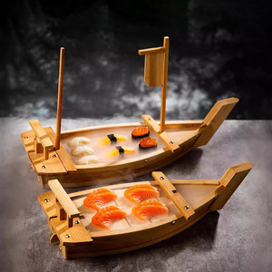 Bateau à sushi japonais surdimensionné en bambou et bois écologiques, avec outils à sushi et glace sèche pour la cuisine au homard - Product Image 1