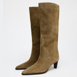Suede Upper Long Booties Wide Fit Low Heels on Shoes Women's Pointed Toe Solid Knee High <b>Boots</b> - Product Image 1