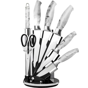 Professionelles Edelstahl-Küchenmesser-Set 8teiliges Marmormuster-Griff-Küchenmesser-Set mit rotierendem Messerblock