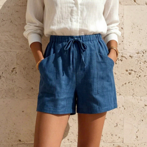 Shorts de Lino Azul Marino para Mujer, Cintura Alta, Cordón Ajustable, Corte Holgado Informal con Bolsillos, Transpirables, para Verano - Product Image 1