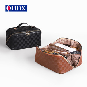 Trousse de maquillage OBOX à carreaux, grande capacité, portable, avec poignée souple, motif écossais marron et noir - Product Image 1