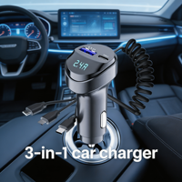 Chargeur de voiture KC-08, câble de charge rétractable 3 en 1 intégré, charge rapide avec affichage de la tension, adaptateur allume-cigare de voiture