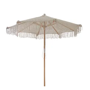 Umbrella Handmade Cotton Tassels 2.5M Parasol Macrame Ropes Open Umbrella with Fringe Crochet Patio Wooden Luxury Eco Friendly