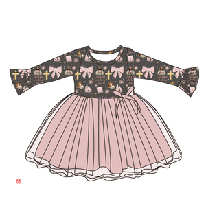 Top principessa personalizzato per bambini a maniche lunghe di colore scuro con croci di gesus e fornitura di ODM <span class=keywords><strong>in</strong></span> <span class=keywords><strong>Tulle</strong></span> rosa chiaro - Product Image 2