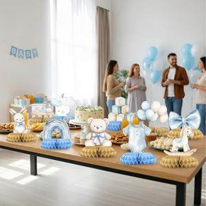 Centres de table en papier nid d'abeille de style américain en denim bleu pour la décoration de table de fête d'anniversaire d'un garçon - Product Image 4